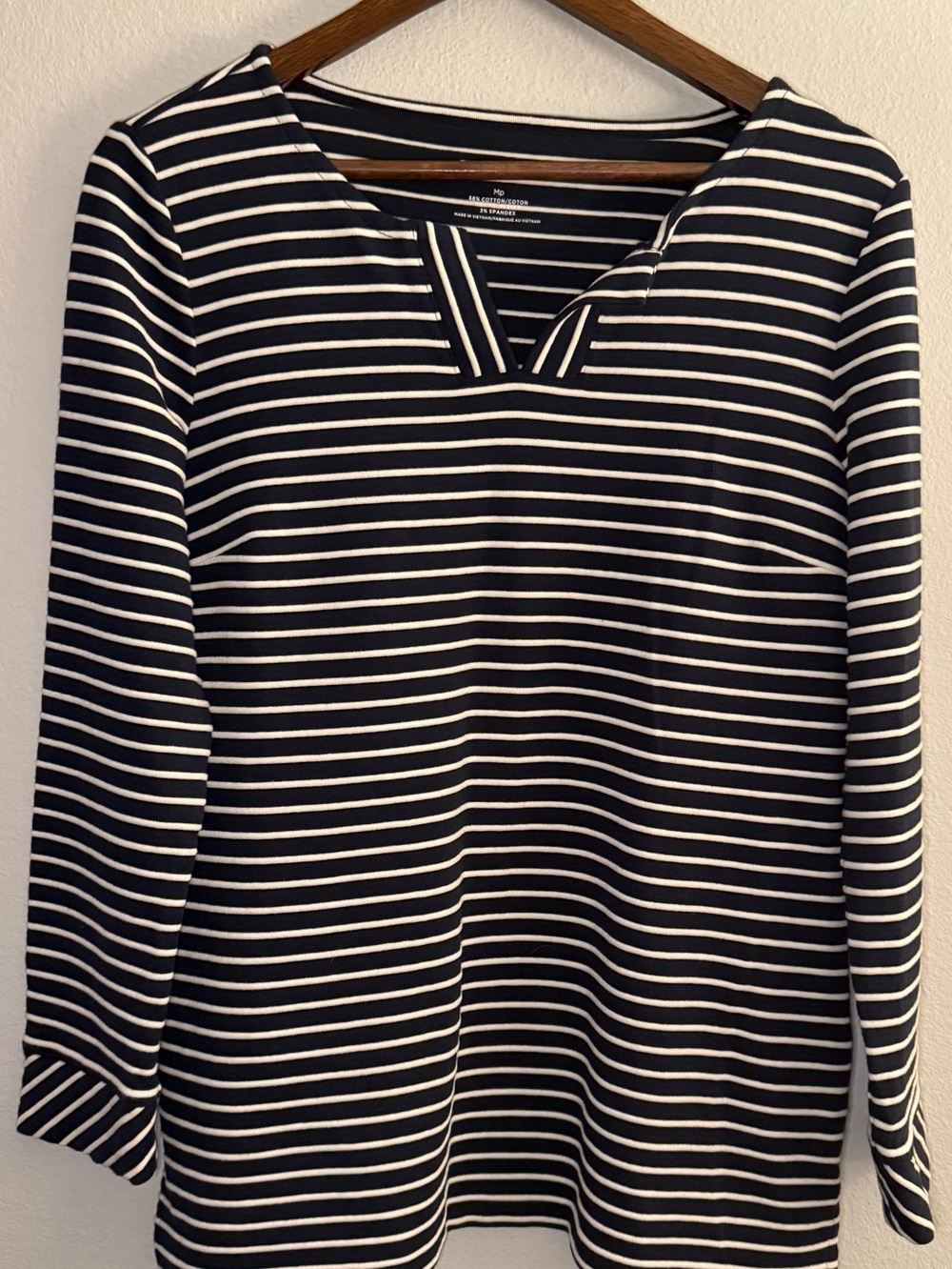 Talbots Navy Blue and White Striped Long-Sleeve Notch-Neck Top